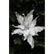 Bielo strieborná vianočná ruža s trblietkami 33cm