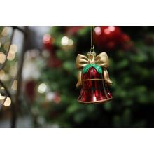 Červená károvaná vianočná ozdoba zvonček 7cm