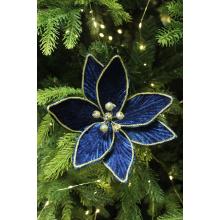 Modrá zamatová vianočná ruža na štipci 18cm